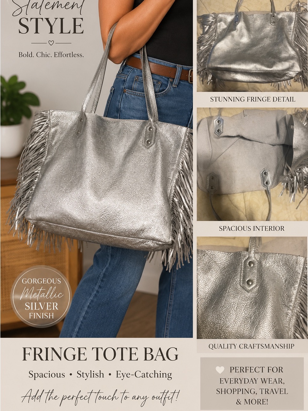 Metallic Silver Fringe Tote Bag - Women